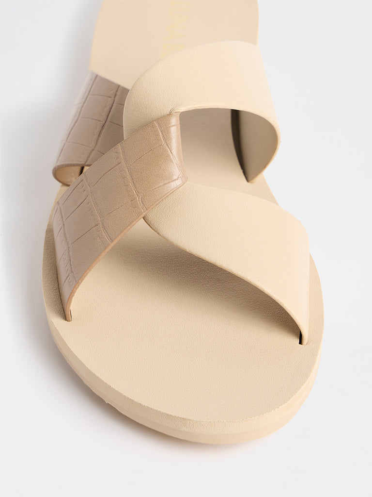 LUNA BLU Light Beige Lock Pattern Slides