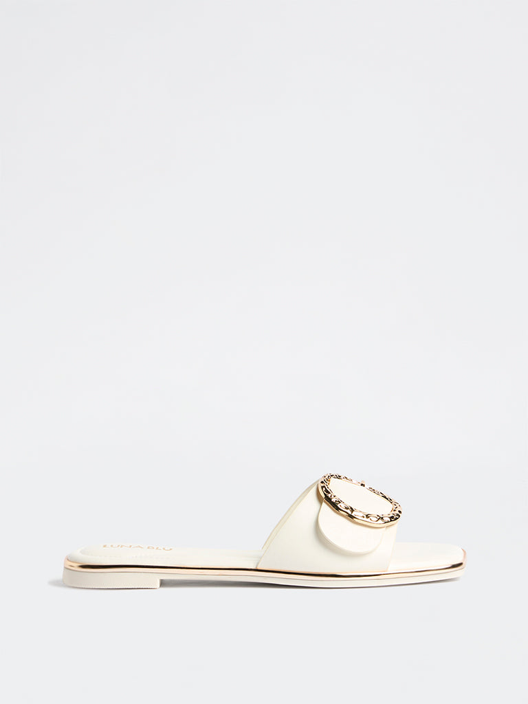 LUNA BLU White Buckle-Detail Slides
