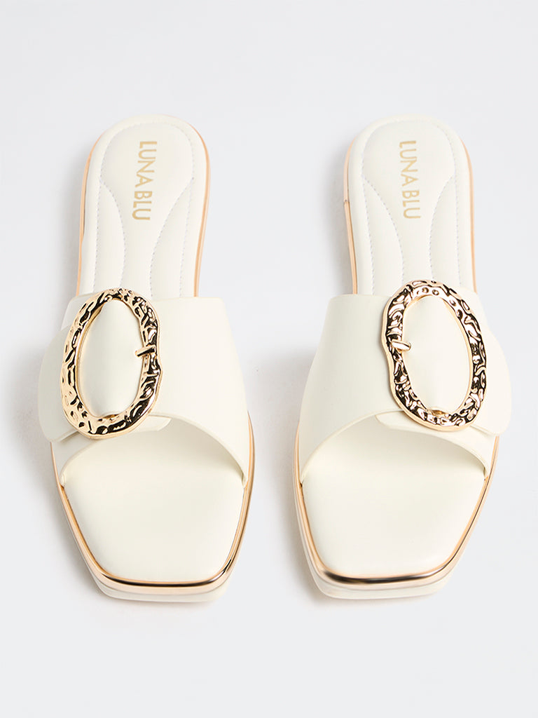 LUNA BLU White Buckle-Detail Slides