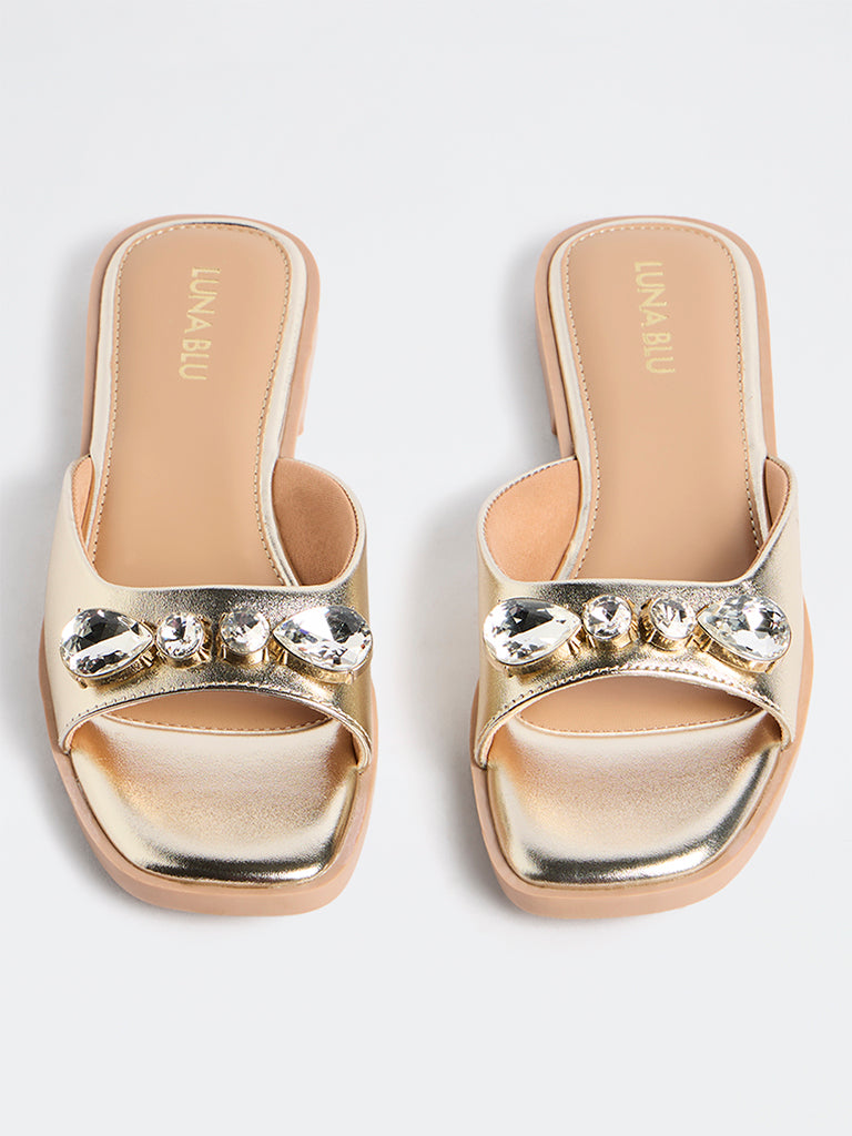LUNA BLU Gold Stone Embellished Sandals