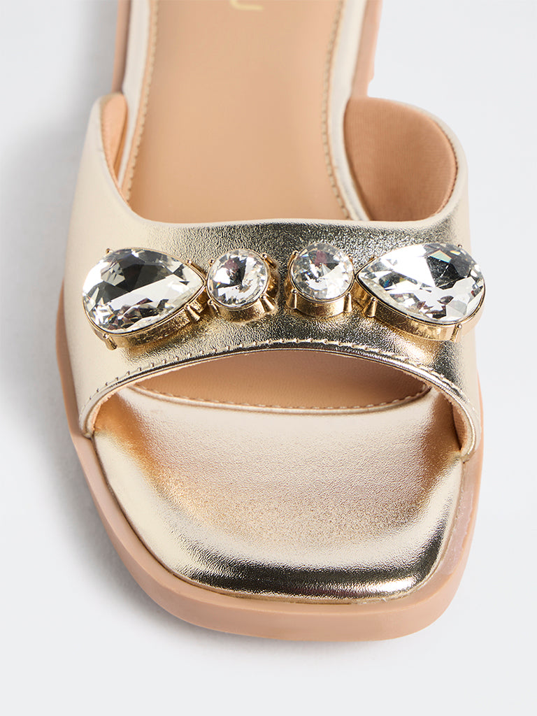 LUNA BLU Gold Stone Embellished Sandals