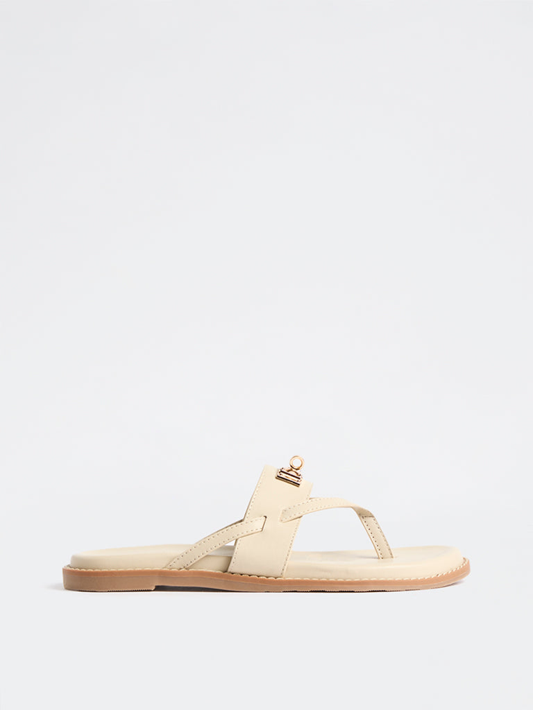 LUNA BLU Tan Metal Detailed Thong-Strap Sandals