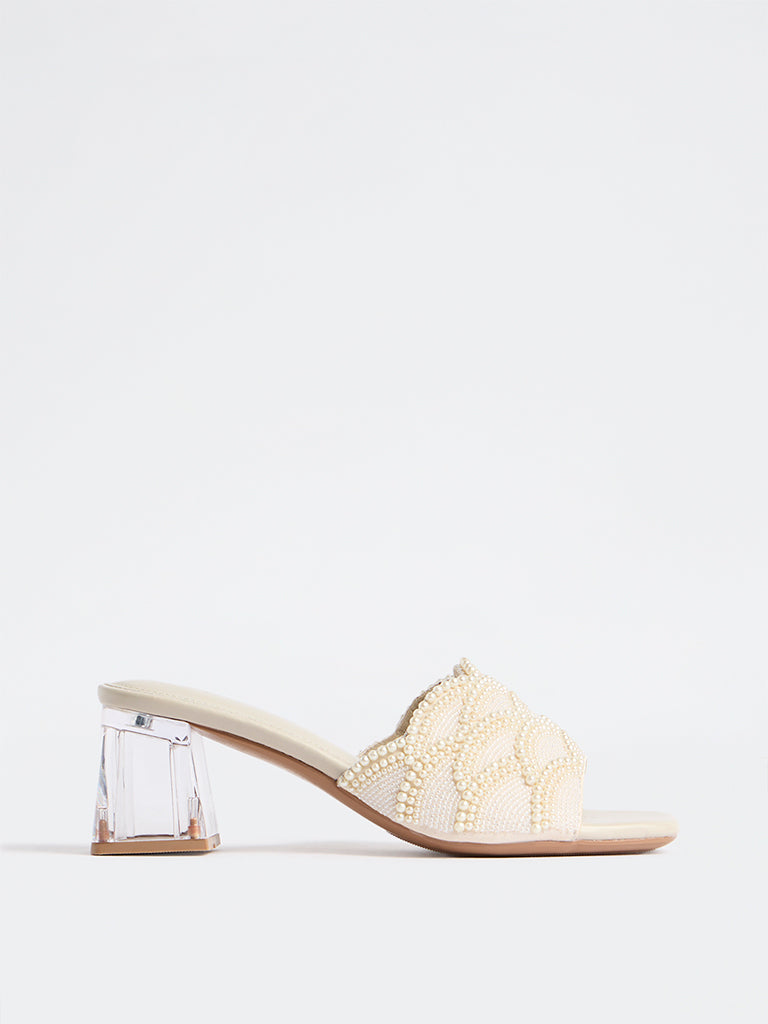 LUNA BLU Ivory Pearl Embellished Block Heel Sandals