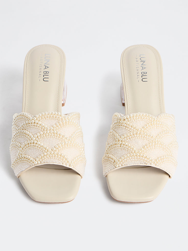 LUNA BLU Ivory Pearl Embellished Block Heel Sandals