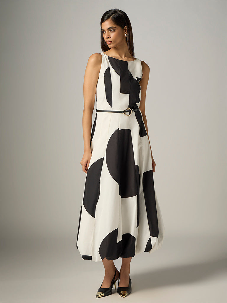 Wardrobe Ivory Colour-Blocked Cotton Bubble A-Line Dress with Belt