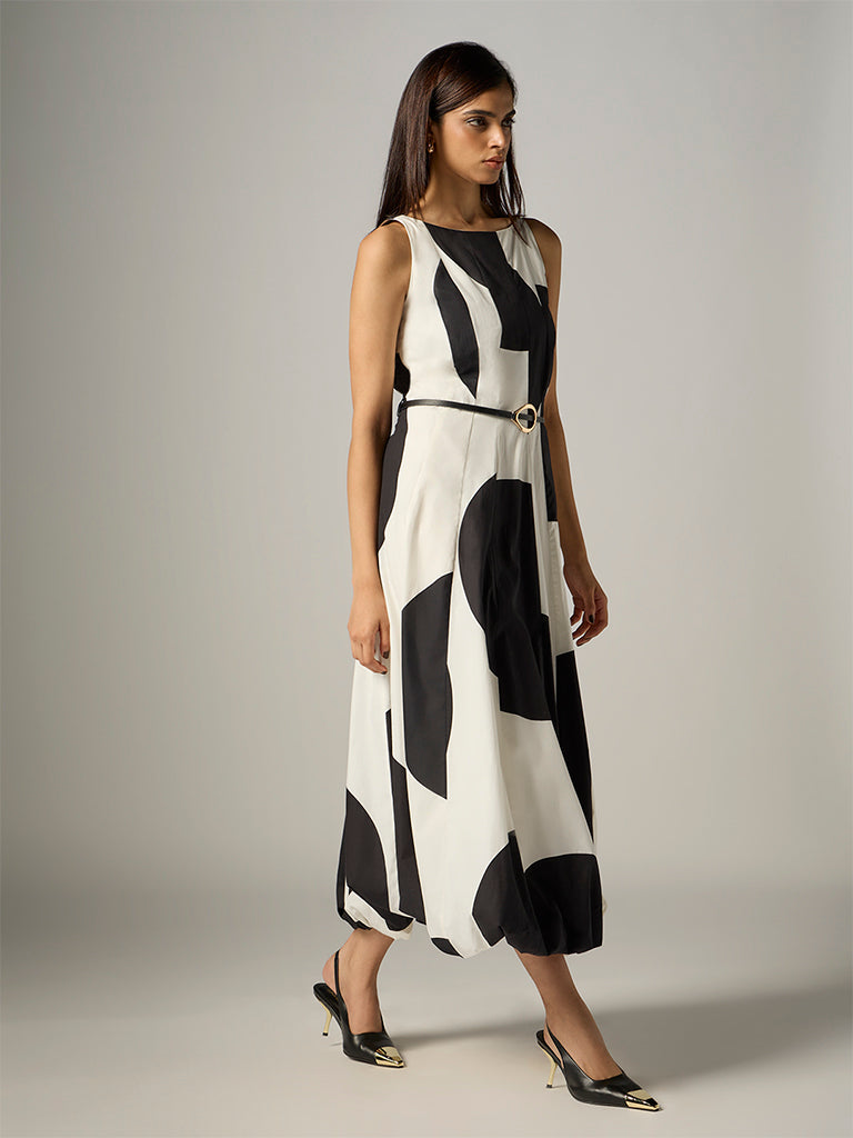 Wardrobe Ivory Colour-Blocked Cotton Bubble A-Line Dress with Belt