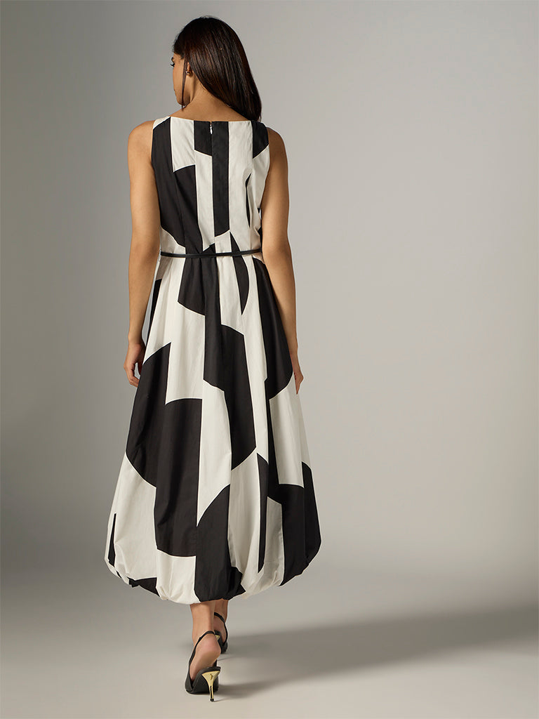 Wardrobe Ivory Colour-Blocked Cotton Bubble A-Line Dress with Belt
