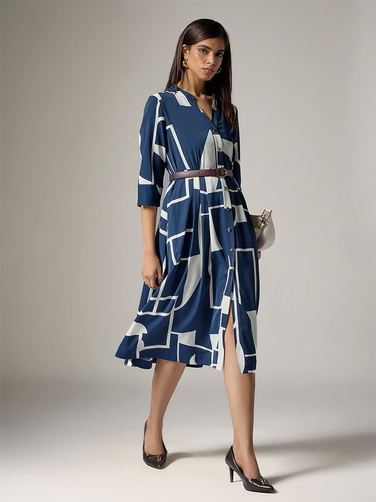 Wardrobe Navy Printed Shirt Dress with Belt