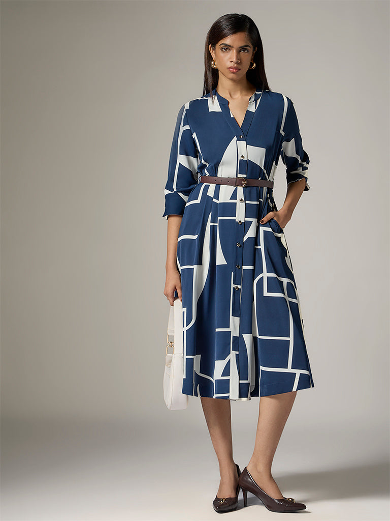 Wardrobe Navy Printed Shirt Dress with Belt