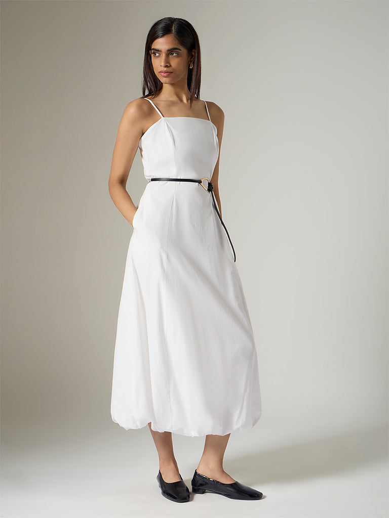 Wardrobe Ivory Solid A-Line Dress with Belt