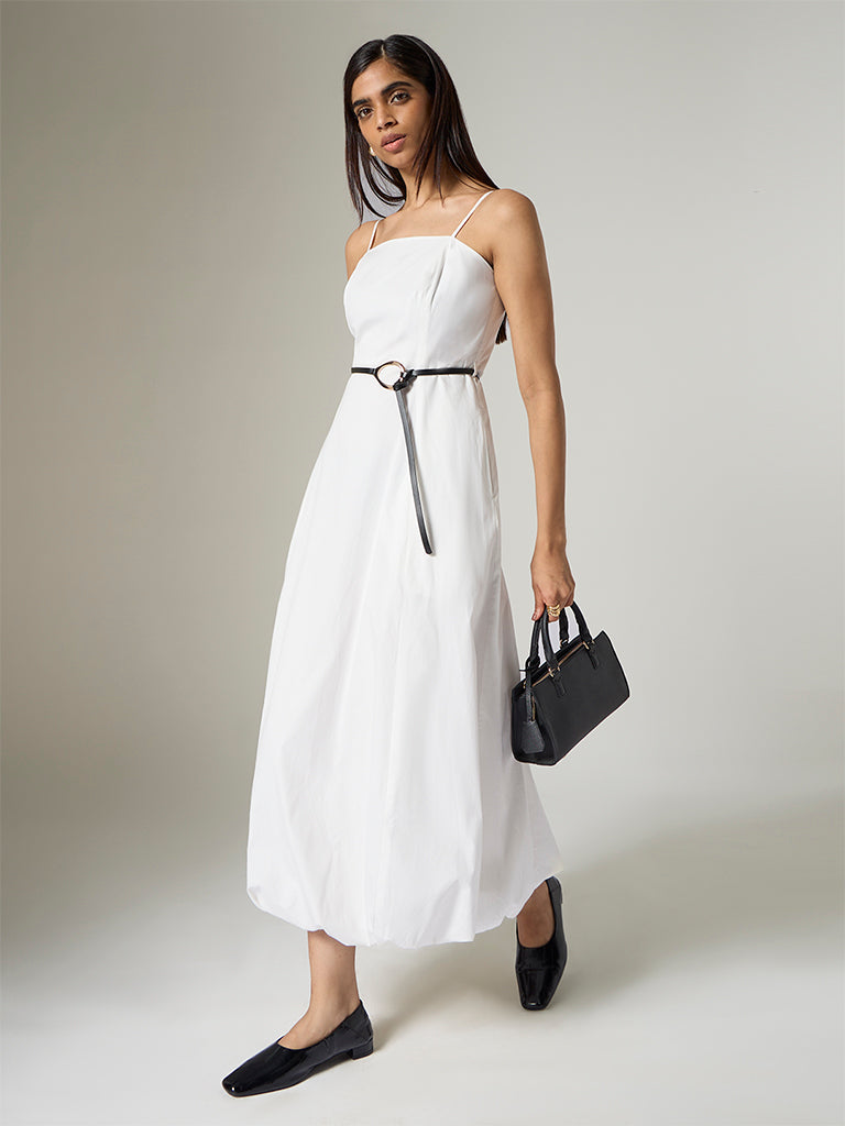 Wardrobe Ivory Solid A-Line Dress with Belt