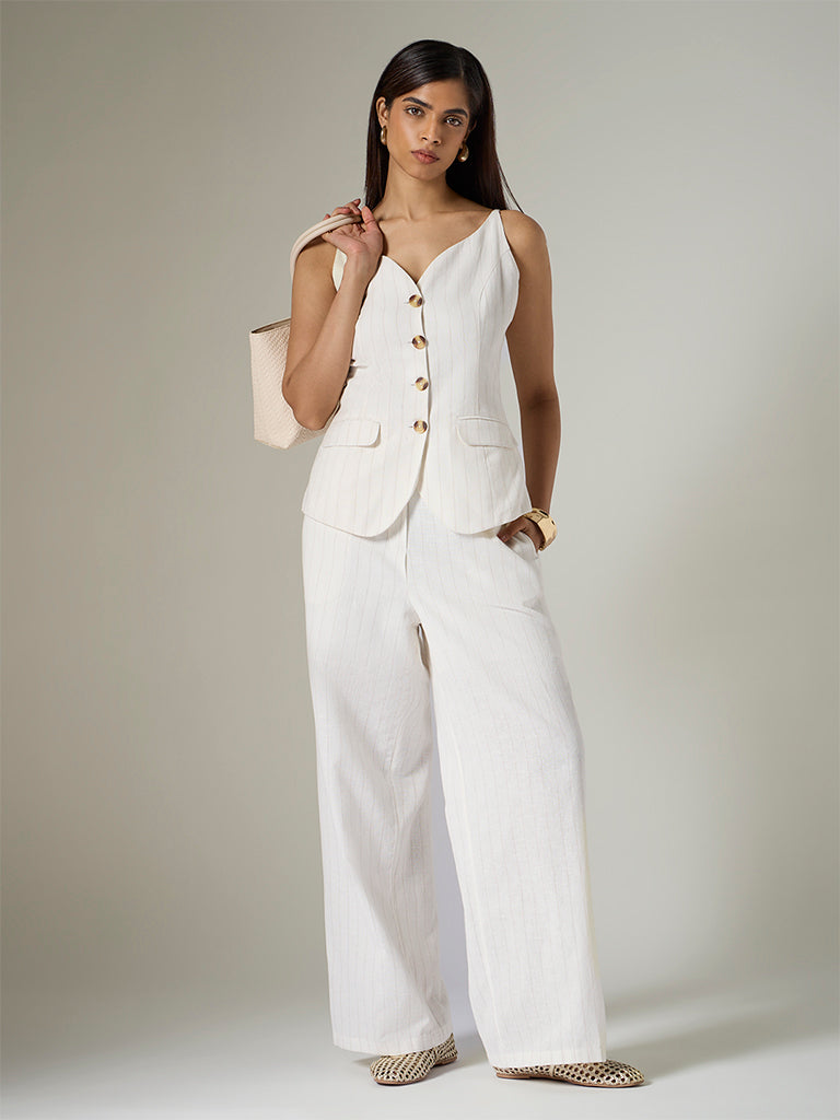 Wardrobe Ivory Striped High-Rise Cotton-Blend Trousers