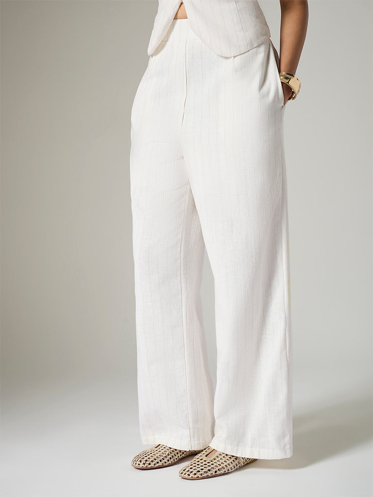 Wardrobe Ivory Striped High-Rise Cotton-Blend Trousers