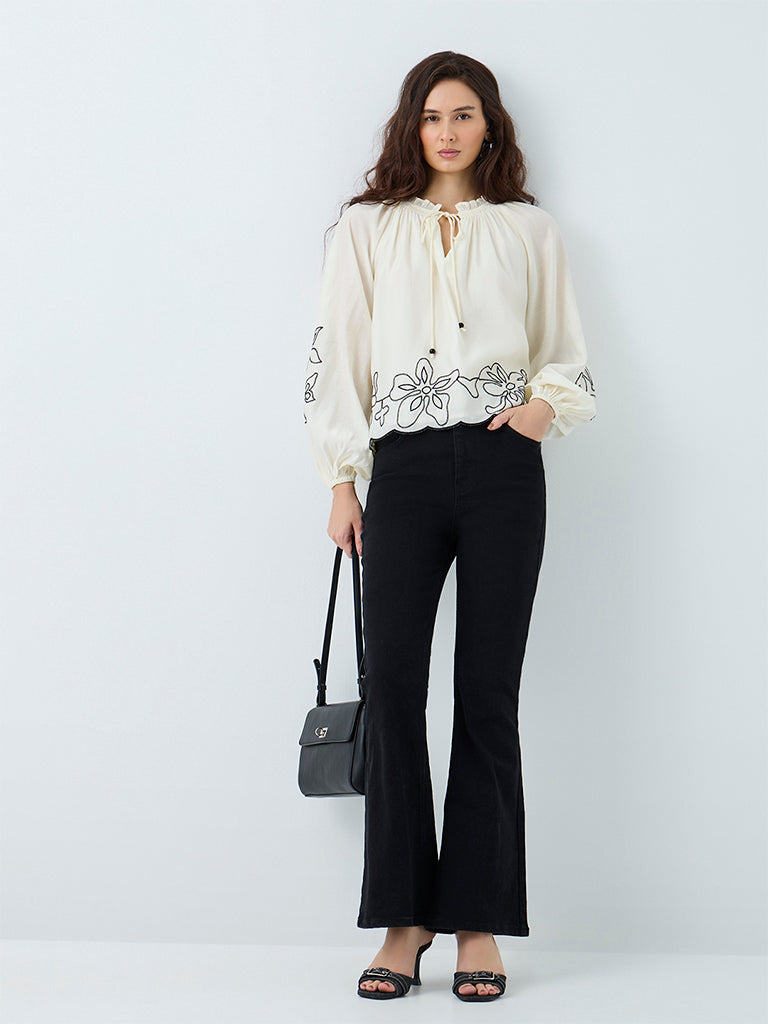 LOV Off-White Floral Embroidered Blouse