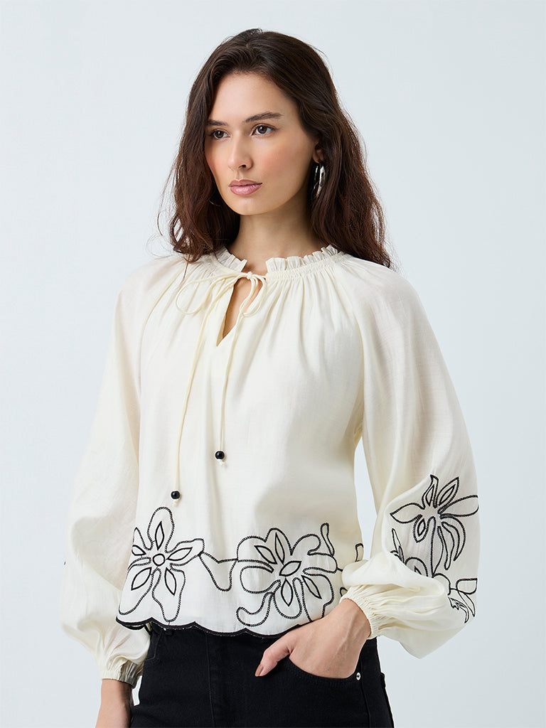 LOV Off-White Floral Embroidered Blouse