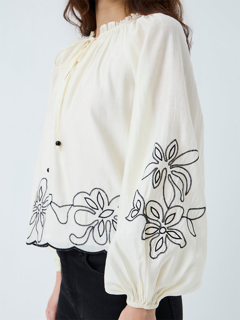 LOV Off-White Floral Embroidered Blouse