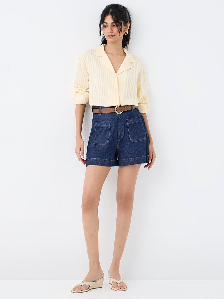 LOV Light Yellow Stripe Embroidered Cotton Shirt