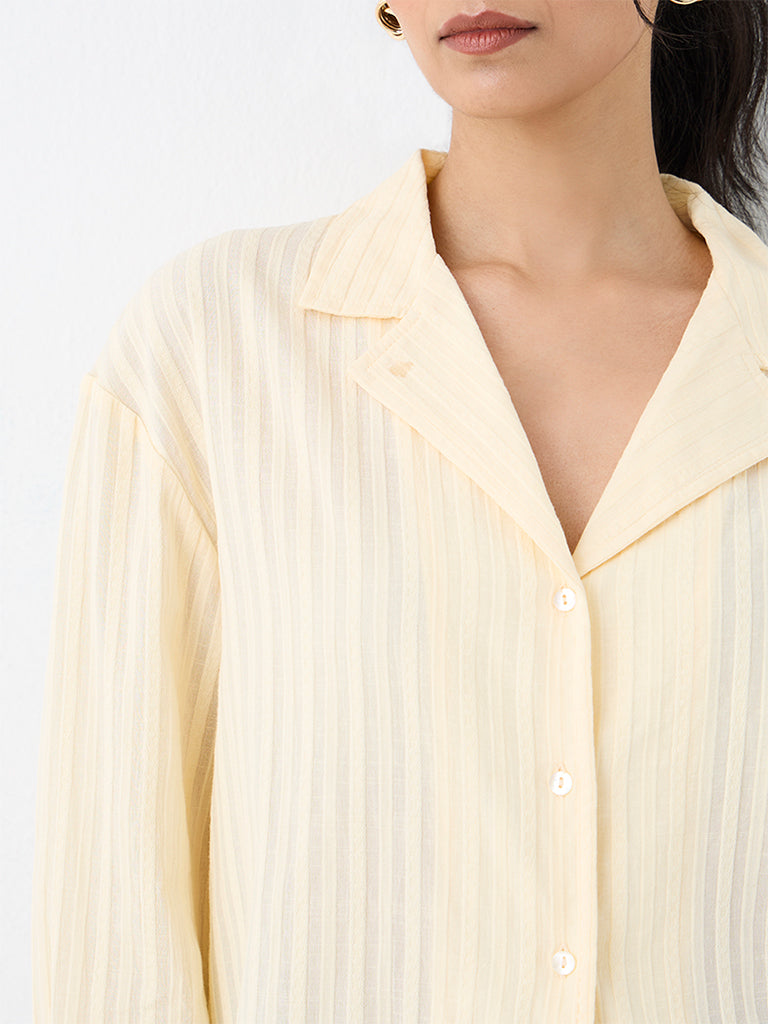 LOV Light Yellow Stripe Embroidered Cotton Shirt