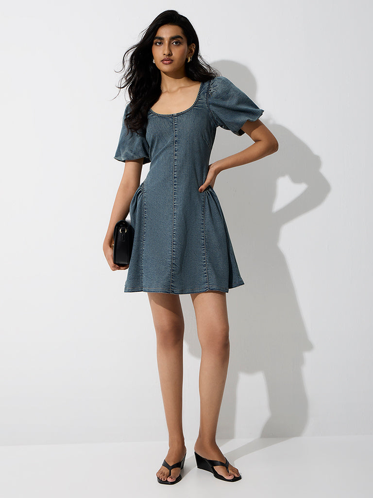 LOV Blue Washed Denim A-Line Dress