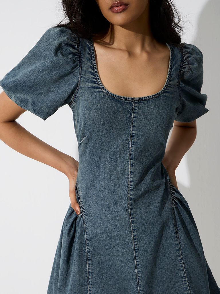LOV Blue Washed Denim A-Line Dress