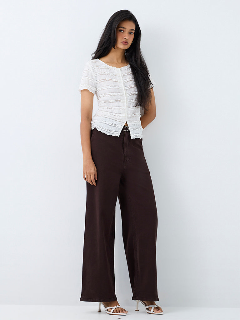 LOV Dark Brown Fold-Over Waist Mid-Rise Jeans with Belt