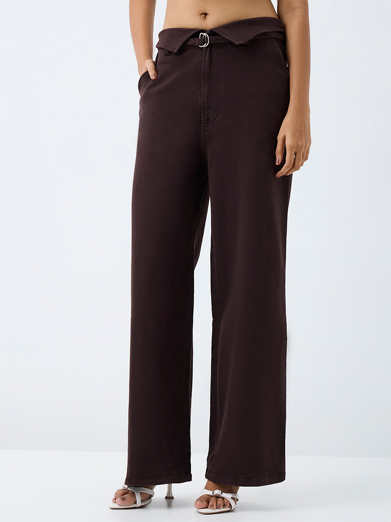 LOV Dark Brown Fold-Over Waist Mid-Rise Jeans with Belt