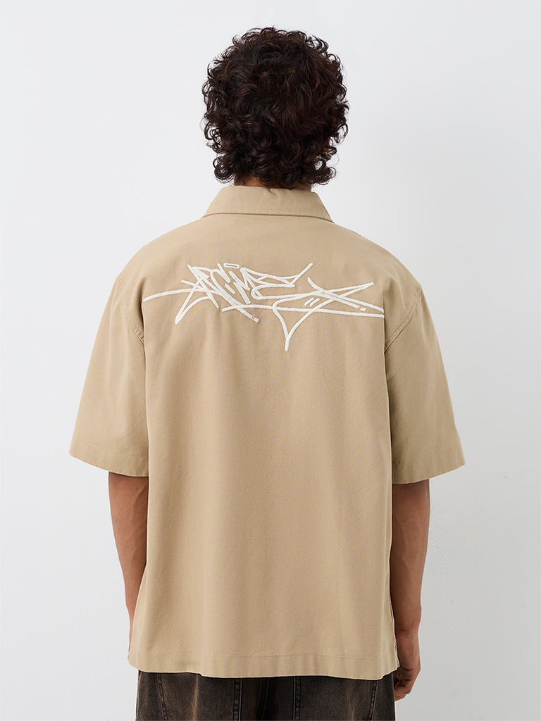 Nuon Beige Embroidered Relaxed-Fit Denim Shirt