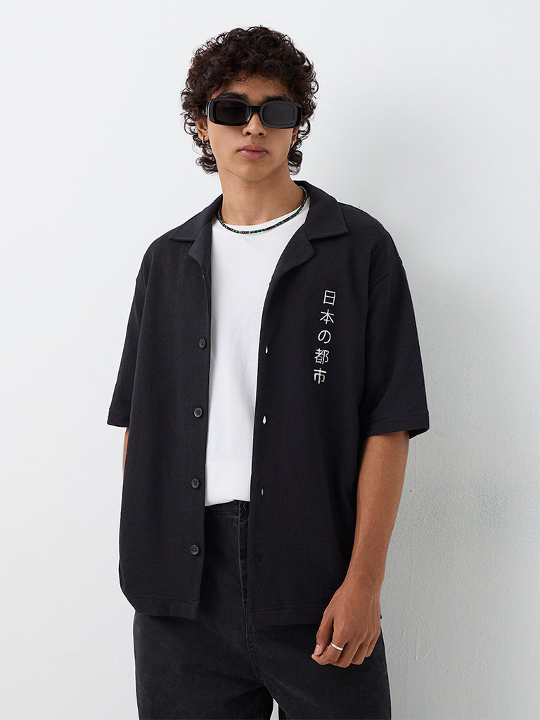 Nuon Black Japanese-Inspired Relaxed-Fit Shirt