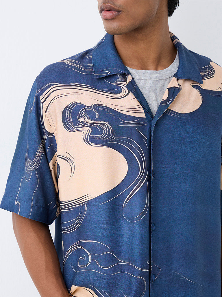 Nuon Dark Blue Abstract Printed Relaxed-Fit Shirt