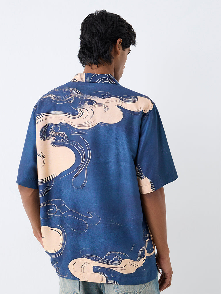 Nuon Dark Blue Abstract Printed Relaxed-Fit Shirt