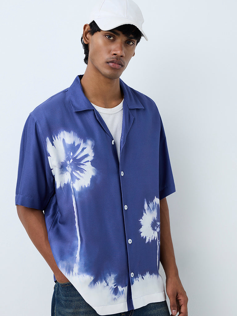 Nuon Blue Floral Printed Relaxed-Fit Shirt