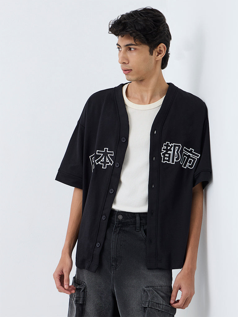 Nuon Black Japanese-Inspired Relaxed-Fit Cotton-Blend Shirt