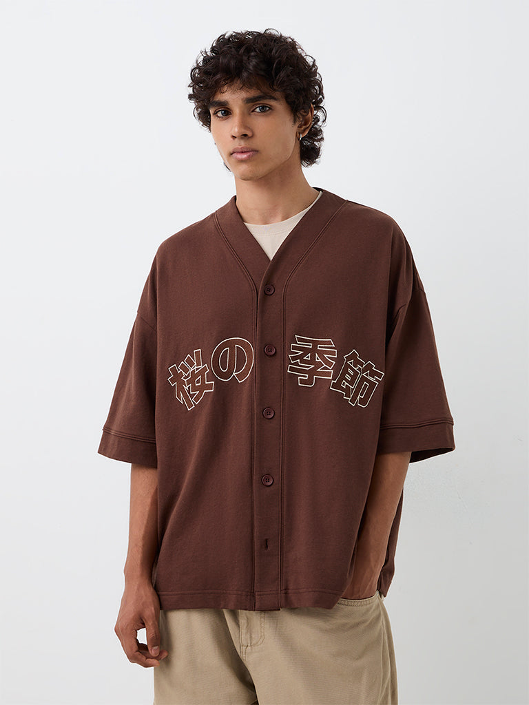 Nuon Dark Brown Japanese Embroidered Relaxed-Fit Cotton-Blend Shirt