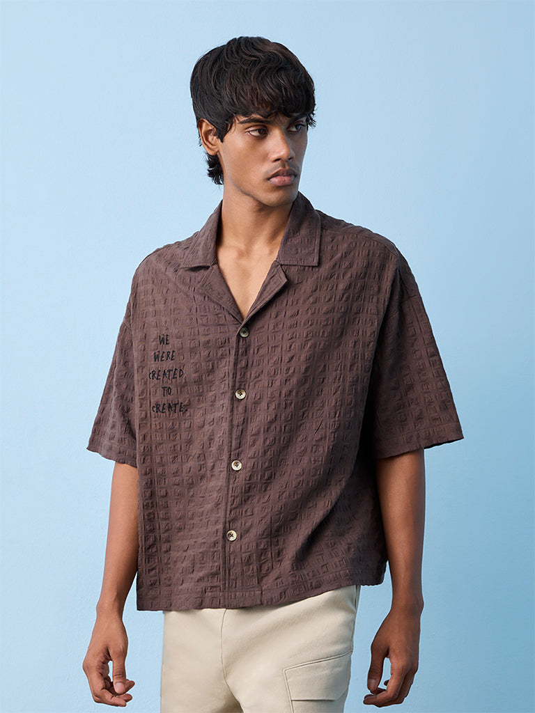 Nuon Brown Textured Relaxed-Fit Cotton Shirt