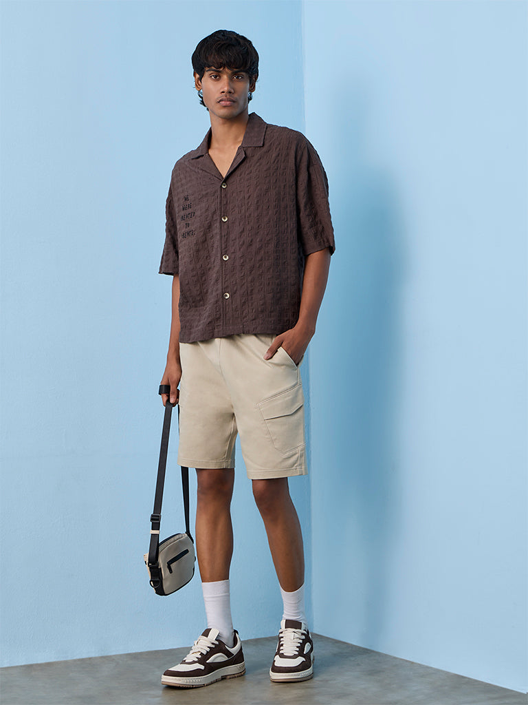 Nuon Brown Textured Relaxed-Fit Cotton Shirt