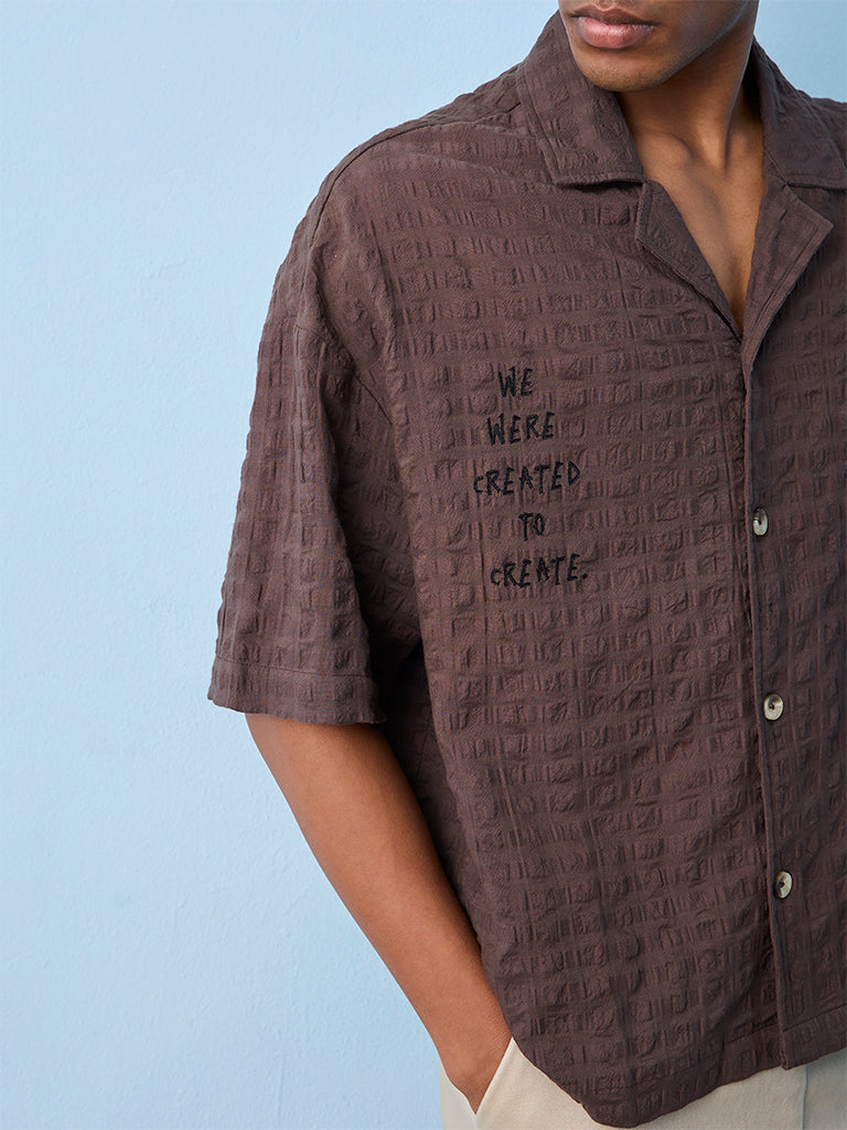 Nuon Brown Textured Relaxed-Fit Cotton Shirt