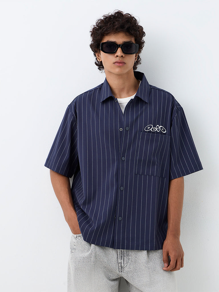 Nuon Navy Striped Relaxed-Fit Cotton Shirt