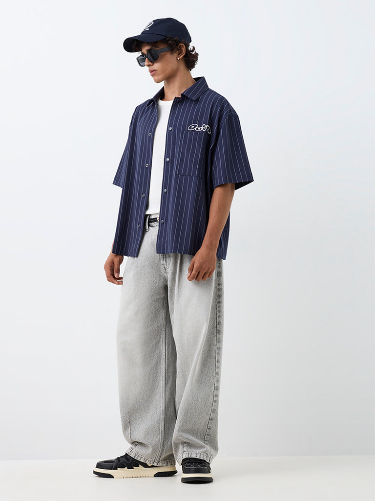 Nuon Navy Striped Relaxed-Fit Cotton Shirt