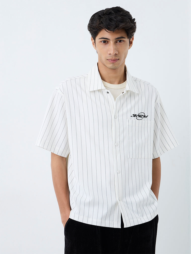Nuon White Striped Relaxed-Fit Cotton Shirt