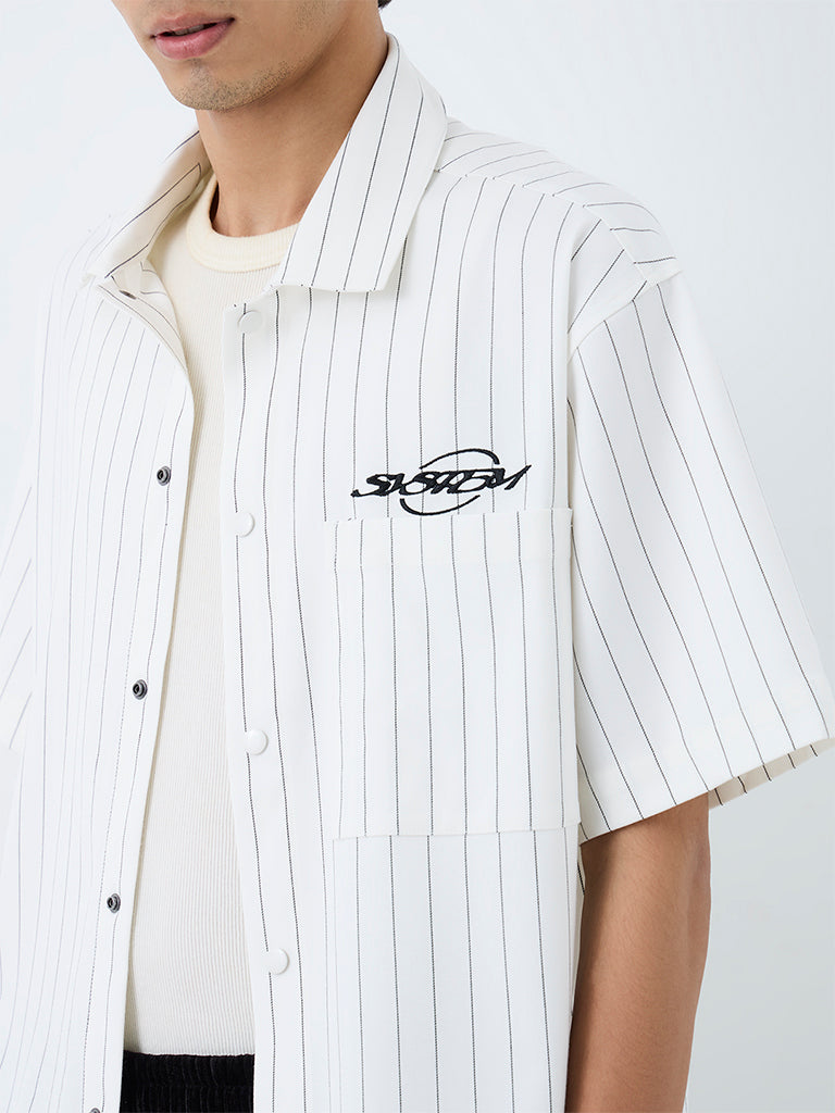 Nuon White Striped Relaxed-Fit Cotton Shirt