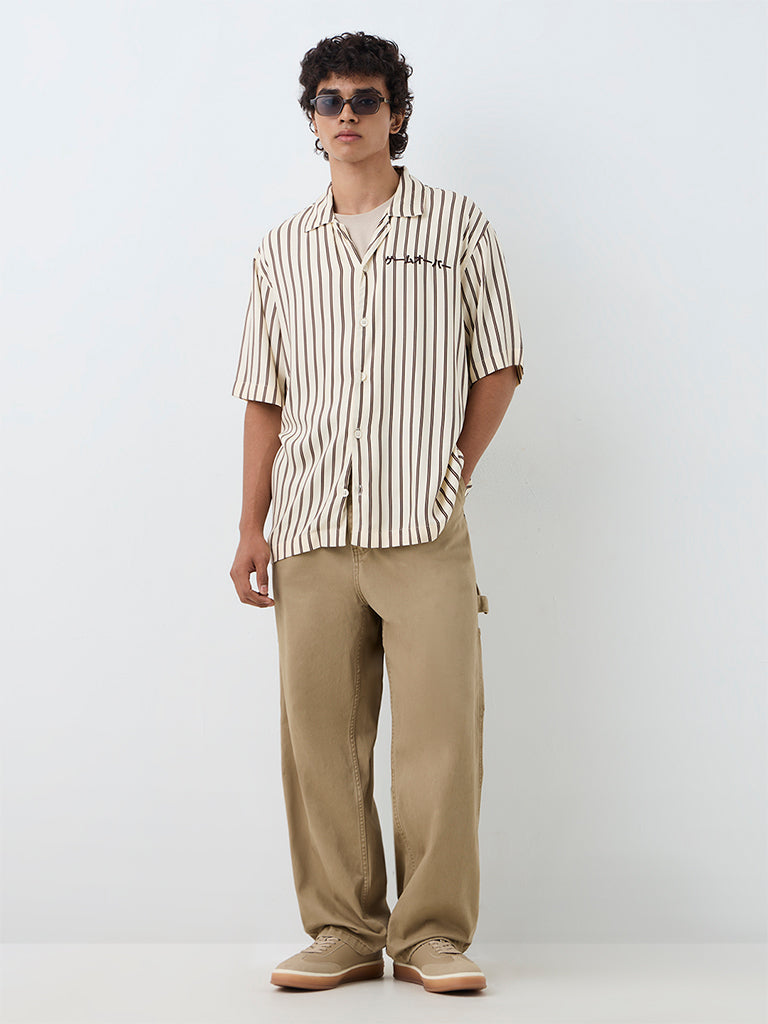 Nuon Beige Striped Relaxed-Fit Shirt