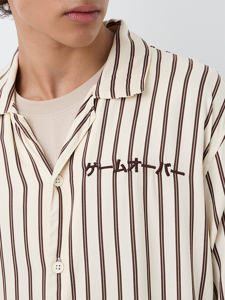 Nuon Beige Striped Relaxed-Fit Shirt