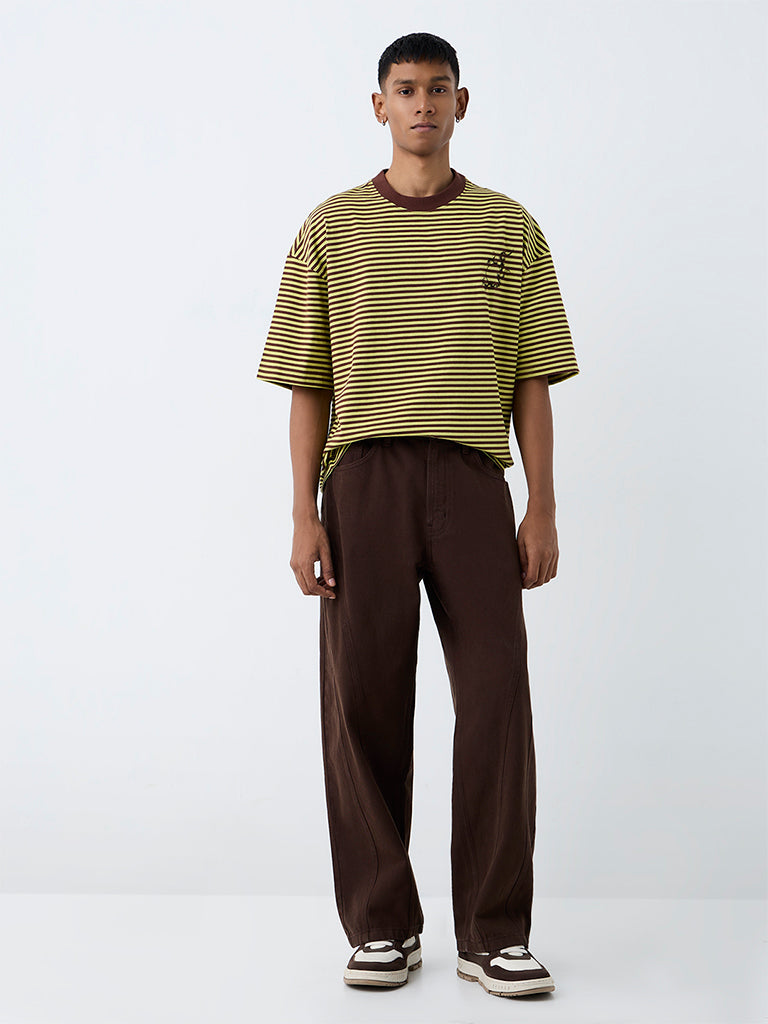 Nuon Lime Green Striped Relaxed-Fit Cotton T-Shirt