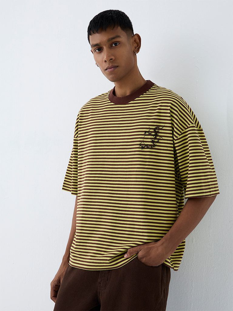 Nuon Lime Green Striped Relaxed-Fit Cotton T-Shirt