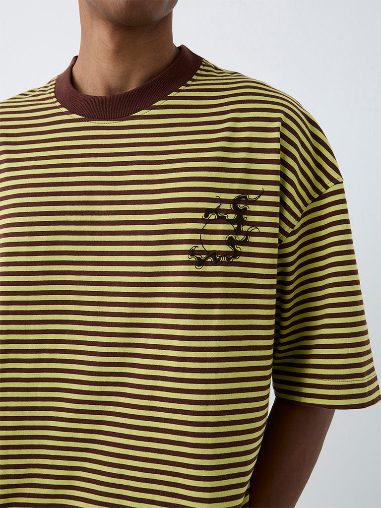 Nuon Lime Green Striped Relaxed-Fit Cotton T-Shirt