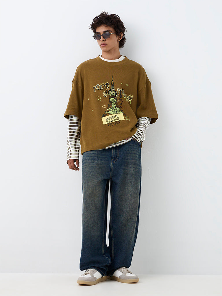 Nuon Dark Mustard Cityscape Printed Oversized-Fit Cotton T-Shirt