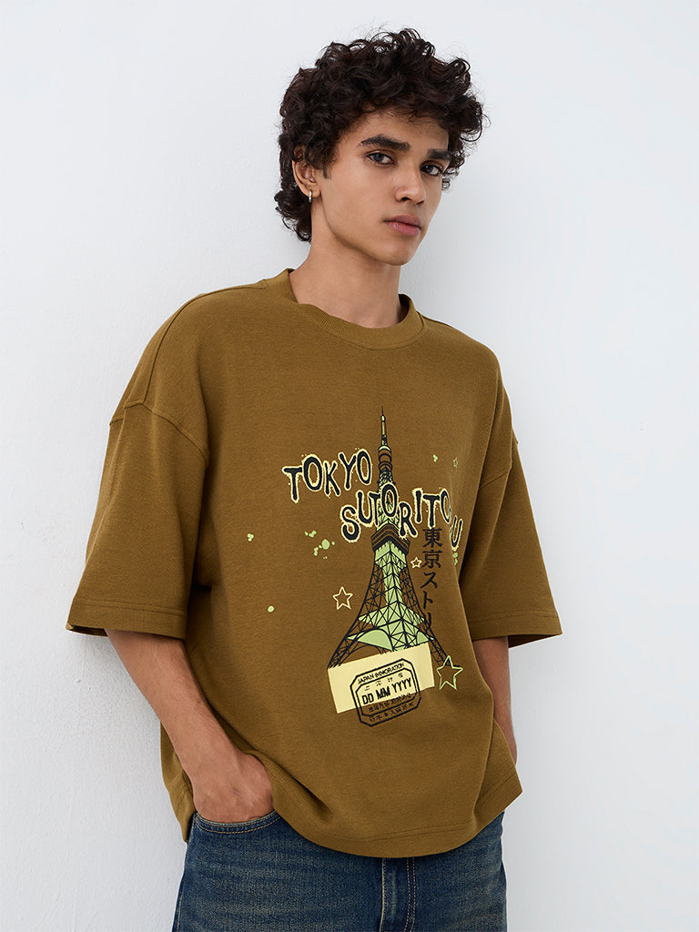 Nuon Dark Mustard Cityscape Printed Oversized-Fit Cotton T-Shirt