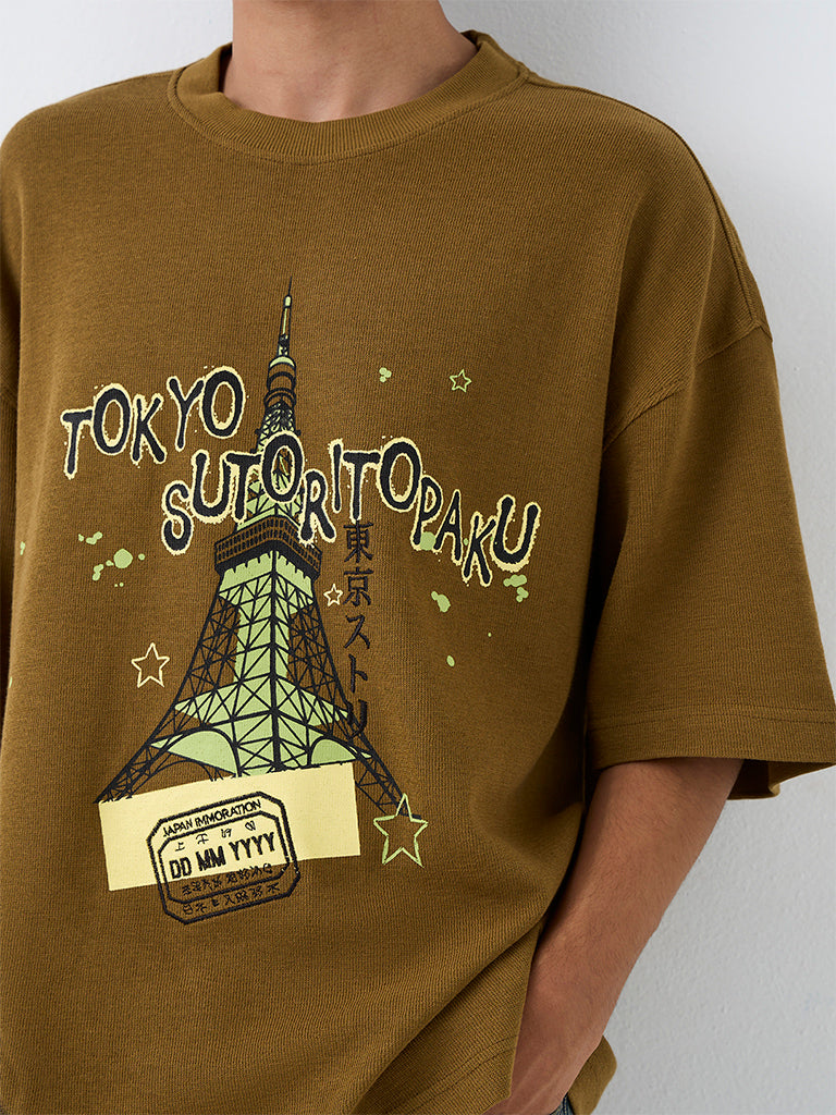 Nuon Dark Mustard Cityscape Printed Oversized-Fit Cotton T-Shirt