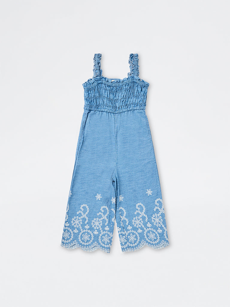 Utsa Kids Girls Blue Floral Embroidered Denim Jumpsuit - (2-8 yrs)