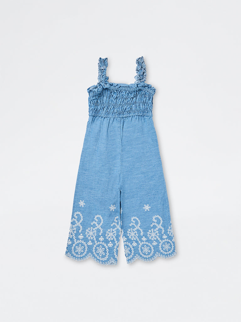 Utsa Kids Girls Blue Floral Embroidered Denim Jumpsuit - (2-8 yrs)